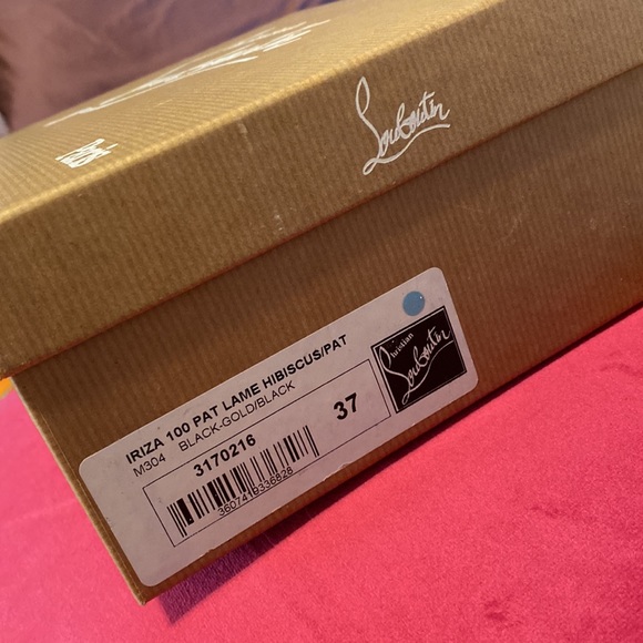 Christian Louboutin 37 IRIZA 100 Pat Lame Hibiscus Black & Gold High Heels - Picture 10 of 10